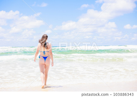 身著比基尼站在海邊的澳大利亞女人的背影 103886343