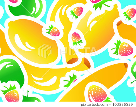 Fruit seamless pattern with lemon, apples, bananas and strawberries in 3d style. Summer berry-fruit mix, juicy colors. Design for print, banners and posters. Vector illustration Fruit seamless pattern with lemon, apples, bananas and strawberries in 3d style. Summer berry-fruit mix, juicy colors. Design for print, banners and posters. Vector illustration 103886559