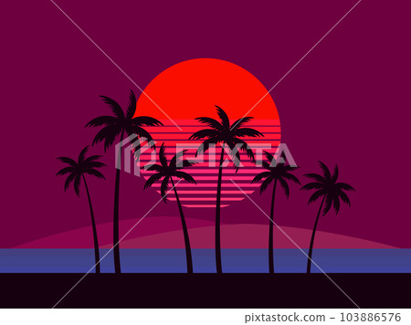 Black silhouettes of palm trees at sunset. Tropical landscape with palm trees and red sun in 80s style. Design for posters, banners and printing of promotional products. Vector illustration Black silhouettes of palm trees at sunset. Tropical landscape with palm trees and red sun in 80s style. Design for posters, banners and printing of promotional products. Vector illustration 103886576