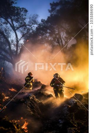 AI generated Firefighters fighting a fire in a forest 103886690