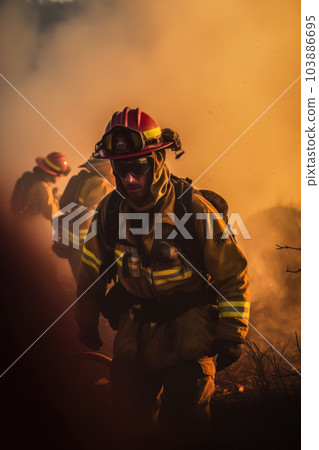 AI generated Firefighters fighting a fire in a... - Stock Illustration ...
