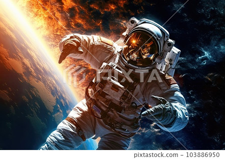 Astronaut in spacesuit exploring dark outer space 103886950