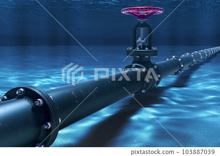 Pipeline lying on ocean bottom underwater, 3D rendering Pipeline lying on ocean bottom underwater, 3D rendering 103887039