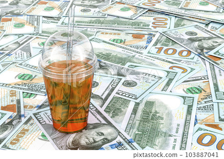 Plastic transparent disposable cup with drink on the dollars background, 3D rendering 103887041