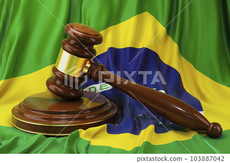 Brazilian law and justice concept. Wooden gavel on flag of Brazil, 3D rendering 103887042