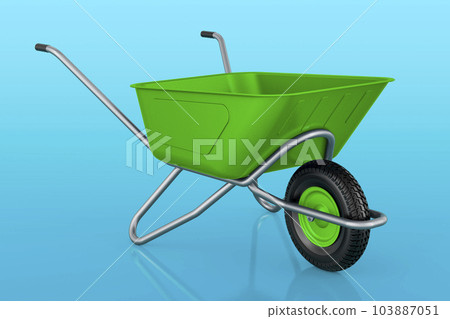 Garden wheelbarrow on blue background, 3D rendering Garden wheelbarrow on blue background, 3D rendering 103887051
