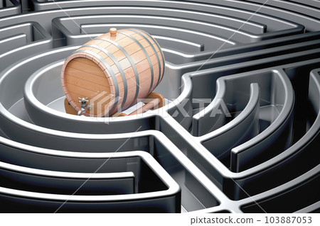 Wooden barrel inside dark labyrinth, 3D rendering Wooden barrel inside dark labyrinth, 3D rendering 103887053