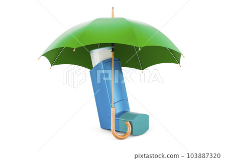 Metered-dose inhaler, MDI under umbrella. 3D rendering Metered-dose inhaler, MDI under umbrella. 3D rendering 103887320