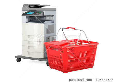 Office multifunction printer MFP with shopping basket. 3D rendering Office multifunction printer MFP with shopping basket. 3D rendering 103887322