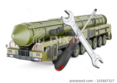Scud missile, mobile short-range ballistic missile system with screwdriver and wrench. 3D rendering Scud missile, mobile short-range ballistic missile system with screwdriver and wrench. 3D rendering 103887327