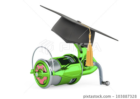 Spinning reel with graduation hat. 3D rendering Spinning reel with graduation hat. 3D rendering 103887328