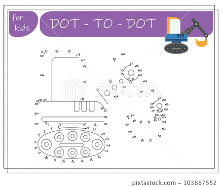 A game with numbers, an educational game from point to point for children, cartoon cars. Vector illustration A game with numbers, an educational game from point to point for children, cartoon cars. Vector illustration 103887552