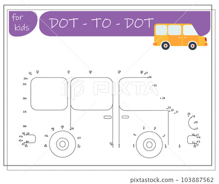 A game with numbers, an educational game from point to point for children, cartoon cars. Vector illustration A game with numbers, an educational game from point to point for children, cartoon cars. Vector illustration 103887562