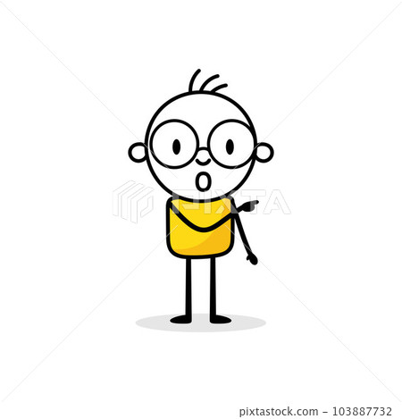 Comic astonished man pointing direction. Hand drawn doodle businessman. Vector stock illustration 103887732