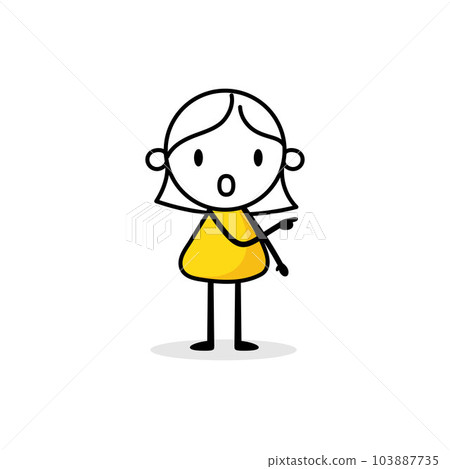 Comic astonished woman pointing direction. Hand drawn doodle businessman. Vector stock illustration Comic astonished woman pointing direction. Hand drawn doodle businessman. Vector stock illustration 103887735