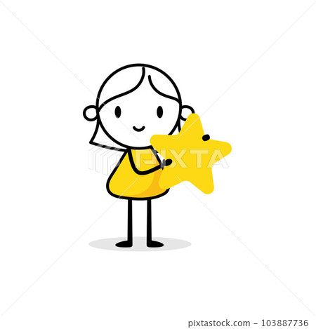Comic woman character holds a star in her hands. Customer reviews, feedback, evaluation, rate the service concept. Vector stock illustration Comic woman character holds a star in her hands. Customer reviews, feedback, evaluation, rate the service concept. Vector stock illustration 103887736