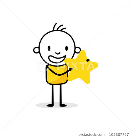 Comic man character holds a star in his hands. Customer reviews, feedback, evaluation, rate the service concept. Vector stock illustration Comic man character holds a star in his hands. Customer reviews, feedback, evaluation, rate the service concept. Vector stock illustration 103887737