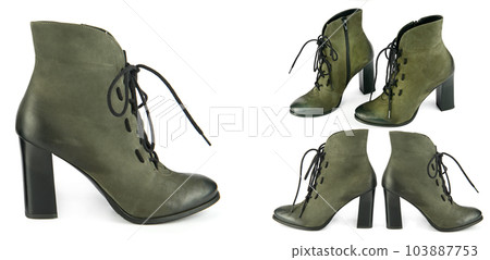 Beautiful female ankle boots isolated on white . Wide photo. Collage. Beautiful female ankle boots isolated on white . Wide photo. Collage. 103887753