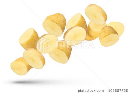 Flying vegetables. Flying potato halves and wedges isolated on white background. Isolate fresh potatoes cut into slices and large pieces. Flying vegetables. Flying potato halves and wedges isolated on white background. Isolate fresh potatoes cut into slices and large pieces. 103887768