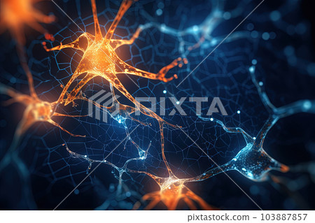 Science and medicine abstraction with neurons transmitting synapse signal. Neural system with impulse going through nerve cell. Generated AI. Science and medicine abstraction with neurons transmitting synapse signal. Neural system with impulse going through nerve cell. Generated AI. 103887857