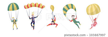 Man and Woman Paratrooper or Parachutist Free-falling and Descenting with Parachutes Vector Set 103887997