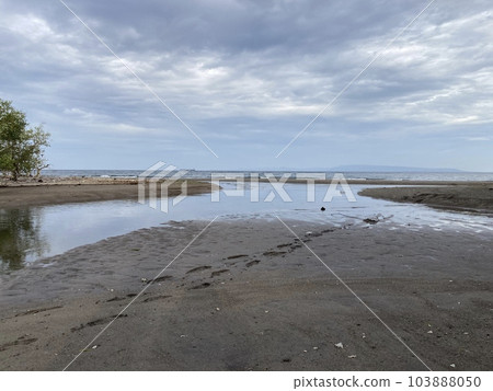 Sandbar is formed at low tide of water waves gently caress warm sand 103888050