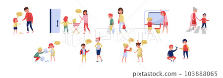 Kids with Good Manners Apologize, Give Gift Box, Greeting and Carry Shopping Bag Vector Set Kids with Good Manners Apologize, Give Gift Box, Greeting and Carry Shopping Bag Vector Set 103888065
