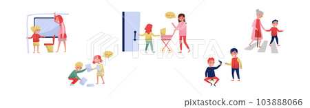 Kids with Good Manners Say Thank You, Share Toy, Lead Senior Across Road, Open Door for Woman Vector Set 103888066