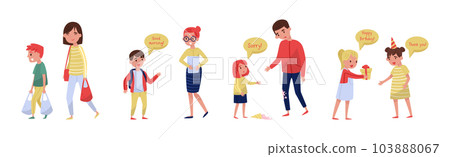Kids with Good Manners Apologize, Give Gift Box, Greeting and Carry Shopping Bag Vector Set Kids with Good Manners Apologize, Give Gift Box, Greeting and Carry Shopping Bag Vector Set 103888067