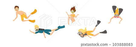 Diving Man and Woman with Breathing Equipment and Flippers Diving Underwater Vector Set Diving Man and Woman with Breathing Equipment and Flippers Diving Underwater Vector Set 103888083