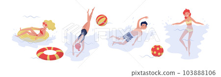 People Characters Splashing in Sea Water and Swimming Vector Set 103888106