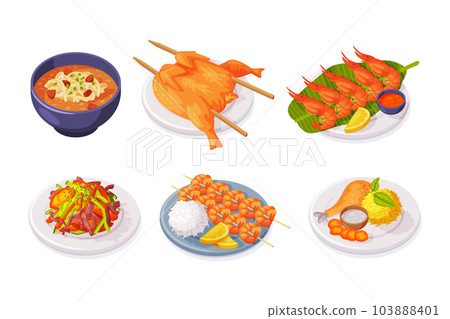 Traditional Thai Food and Dish Served on Plate Vector Illustration Set 103888401