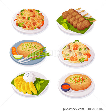 Traditional Thai Food and Dish Served on Plate Vector Illustration Set Traditional Thai Food and Dish Served on Plate Vector Illustration Set 103888402