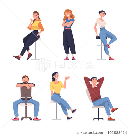 Young Smiling Man and Woman Sitting on Chair and in Standing Pose Vector Illustration Set 103888414