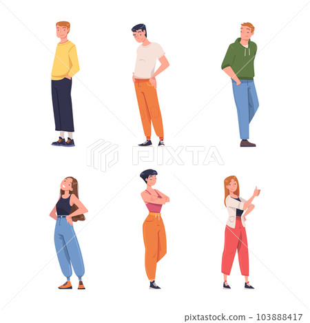 Young Smiling Man and Woman in Standing Pose Vector Illustration Set 103888417