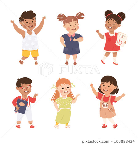 Little Boy and Girl Standing and Talking to Each Other Engaged in Friendly Communication Vector Set 103888424