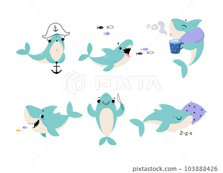 Comic Blue Shark as Marine Animal Vector Set 103888426