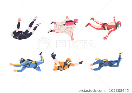 Man Parachutist Skydiving and Free-falling in the Air Descenting on the Earth Vector Set 103888445