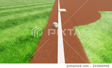 A baseball batted ball rolls on the white line of the third base line and is in an unstable state where it is not clear whether it is foul or fair. 103888446