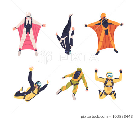 Man Parachutist Skydiving and Free-falling in the Air Descenting on the Earth Vector Set 103888448