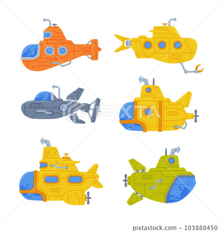 Colorful Submarine Watercraft Swimming Underwater Vector Set 103888450