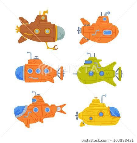 Colorful Submarine Watercraft Swimming Underwater Vector Set Colorful Submarine Watercraft Swimming Underwater Vector Set 103888451