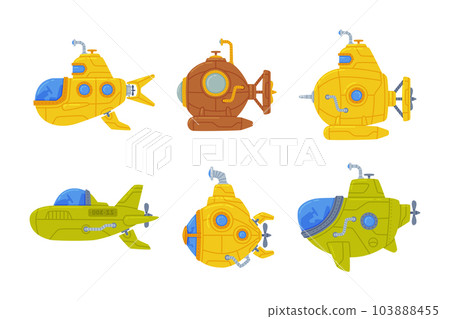 Colorful Submarine Watercraft Swimming Underwater Vector Set 103888455
