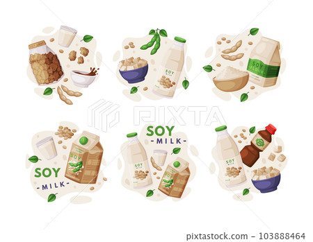 Natural Soy Products from Soybean Plant with Meat, Sauce, Tofu and Milk Vector Composition Set 103888464
