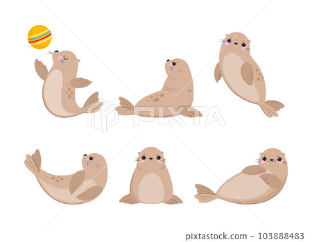 Cute Seal with Beige Fur and Fins Swimming and Playing Ball Vector Set 103888483