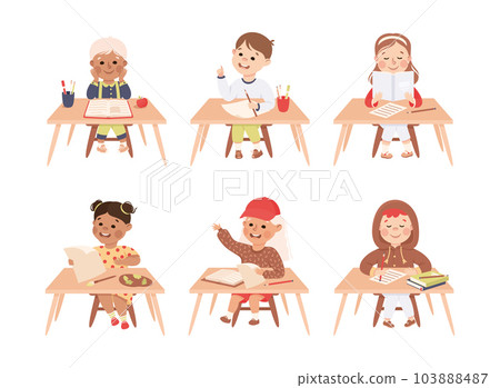 Primary School Pupils Sitting at Tables with Book Engaged in Elementary Education Vector Set 103888487