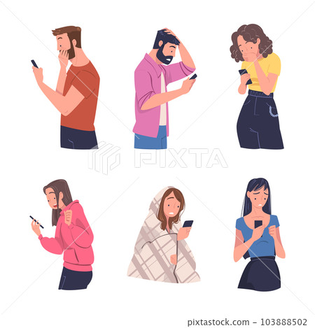 People Character with Gadget Reading Shock Content or News Vector Set 103888502