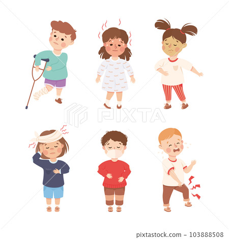 Sick Little Boy and Girl Feeling Unwell Suffering from Illness Vector Illustration Set 103888508