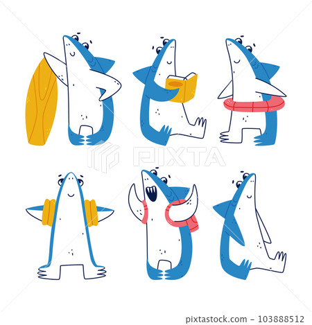 Cute Blue Shark as Sea Animal with Dorsal Fin Vector Illustration Set Cute Blue Shark as Sea Animal with Dorsal Fin Vector Illustration Set 103888512