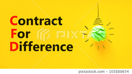 CFD symbol. Concept words CFD contract of difference on beautiful yellow paper. Beautiful yellow table yellow background. Light bulb icon. Business and CFD contract of difference concept. Copy space. 103888654